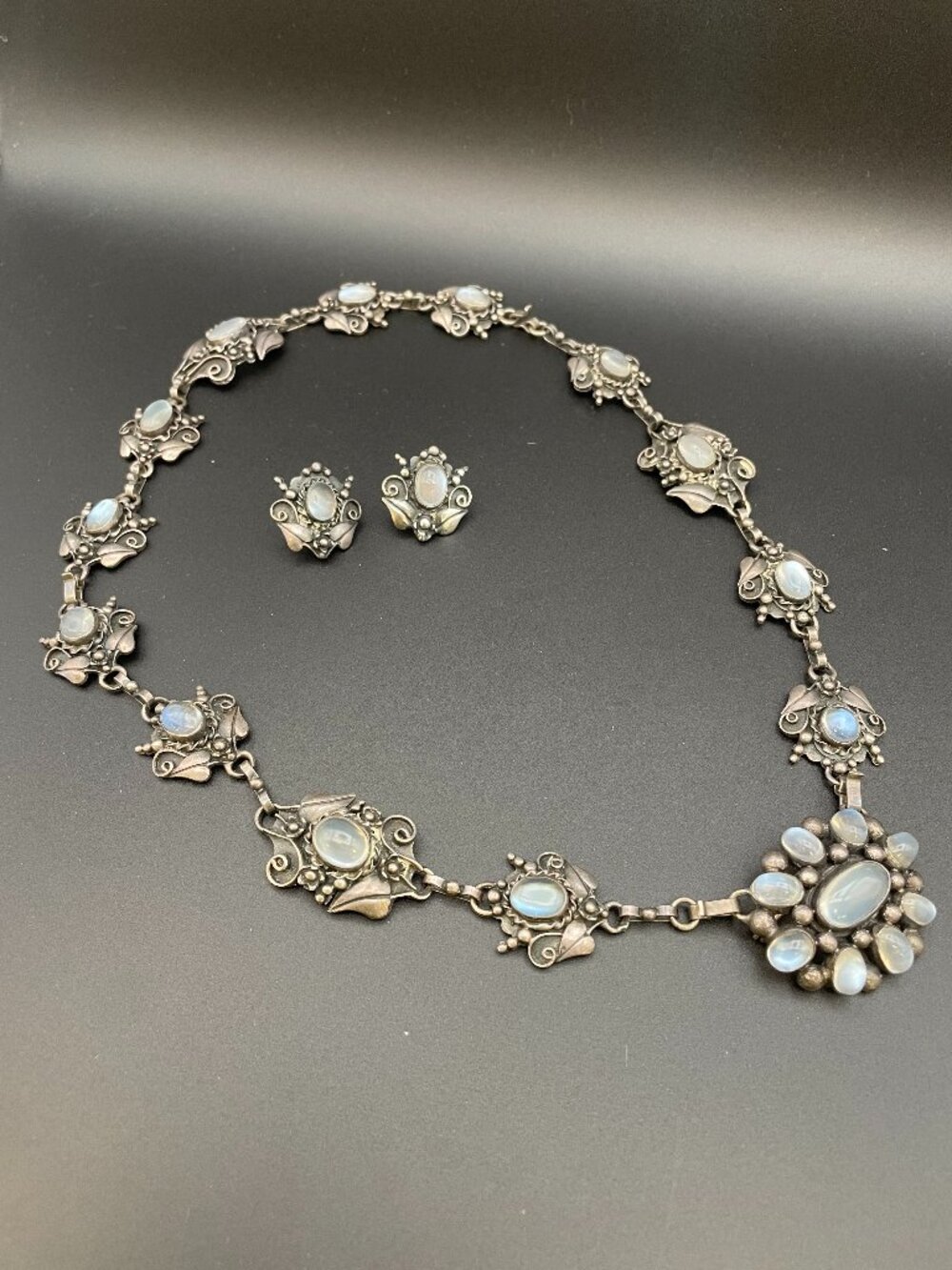 Antique Sterling Silver Arts & Crafts Style Moonstone Necklace Set